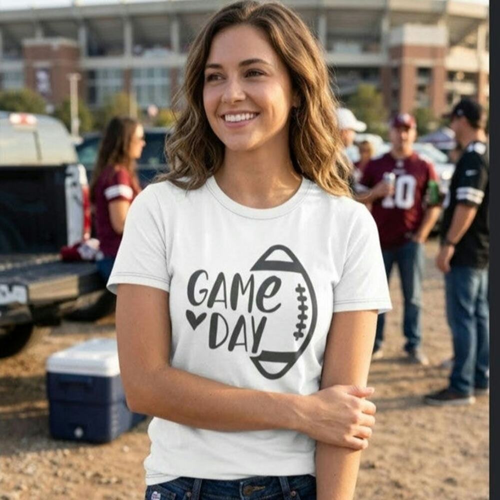 Football mom / Gma “Game Day” white T-shirt small crew neck football ladies T